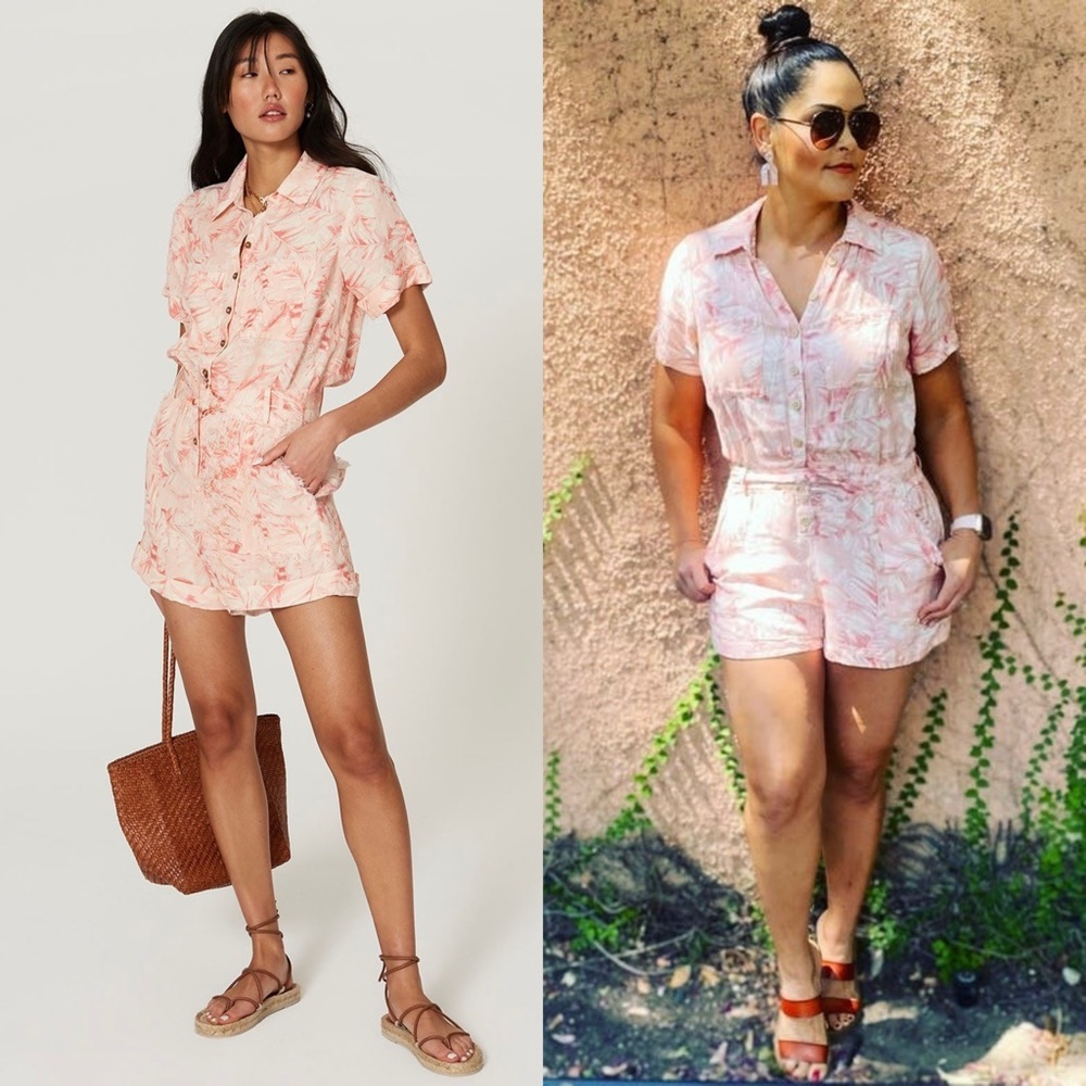 SMYM Linen Pink Tropical Palm Print Short Sleeve Collared Button Front Romper M